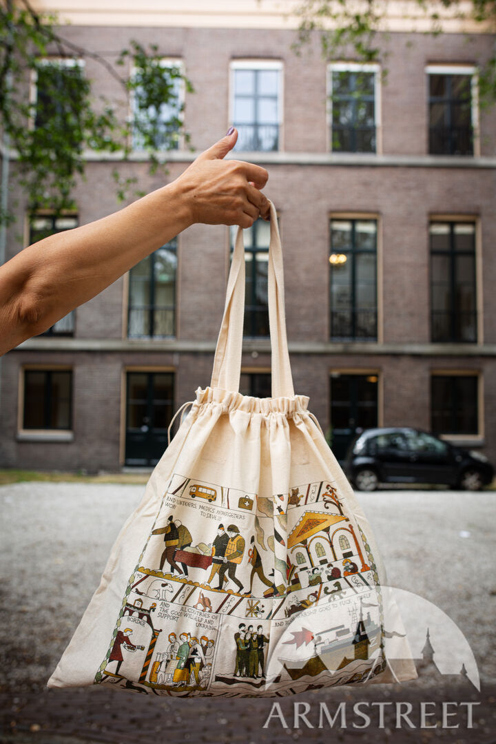 Cotton Shopping Bag with “Tapestry of War” Print for sale. Available in:  cotton sheeting non-bleached (natural) :: by medieval store ArmStreet