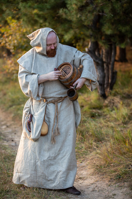 Medieval Fantasy Monk Robe with tabard, hood and monks pouches bags for sale.  Available in: black flax linen, natural flax linen, brown flax linen, white  flax linen :: by medieval store ArmStreet