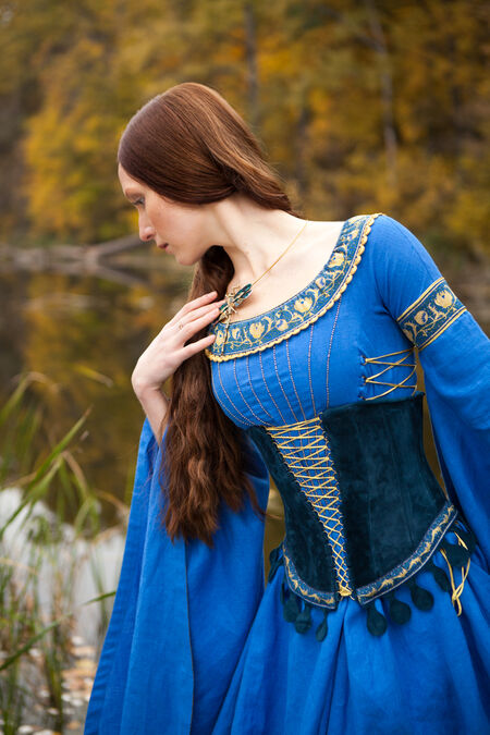 Medieval Style Suede Bodice Corset Belt Lady of the Lake. Available in:  dark blue natural suede, galaxy blue natural suede, aquamarine natural  suede, dark violet natural suede, blue pomegranate trim, violet pomegranate