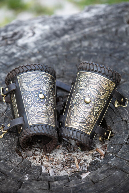 Leather viking bracers with etched brass