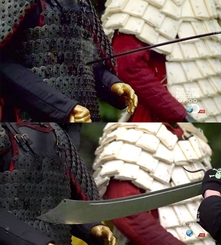 Screenshots of moment of arrow and sword direct contact with lamellar