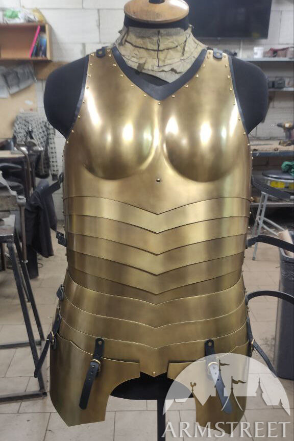 Tempered spring steel cuirass with golden brassed finish