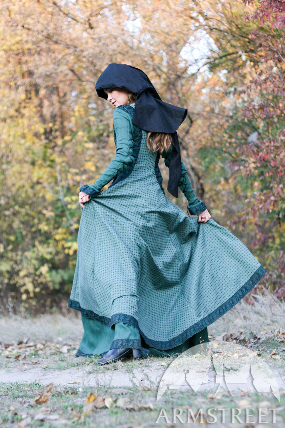 Medieval renaissance dress, overcoat and chaperone headpiece set “Autumn Princess”