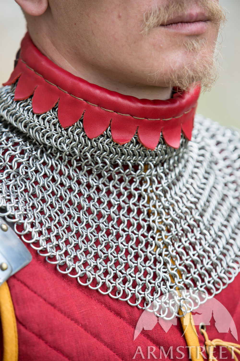 Stainless steel chainmail gorget decorated with leather accents