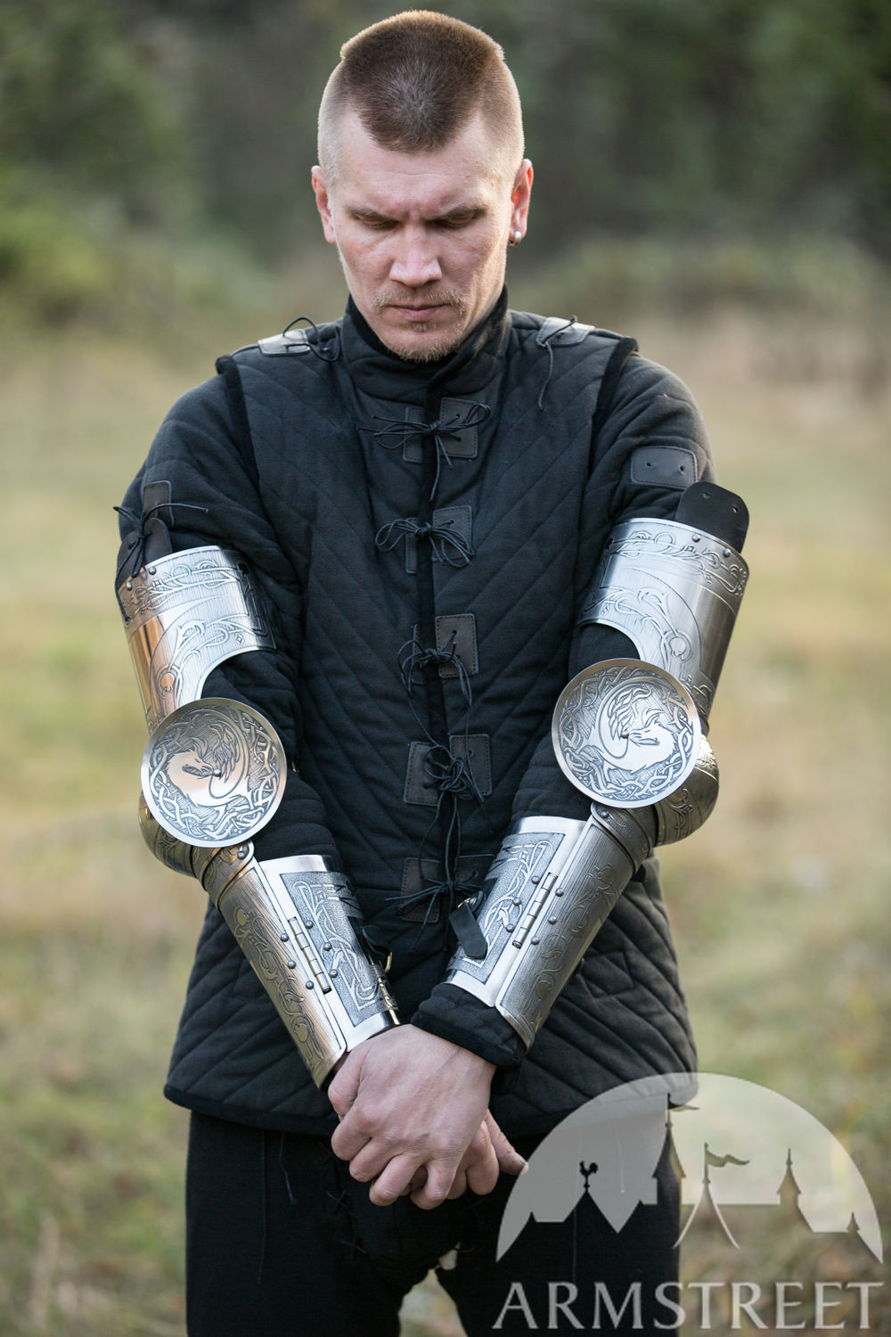 “Mythical Beasts” etched arms armor with removable rondel
