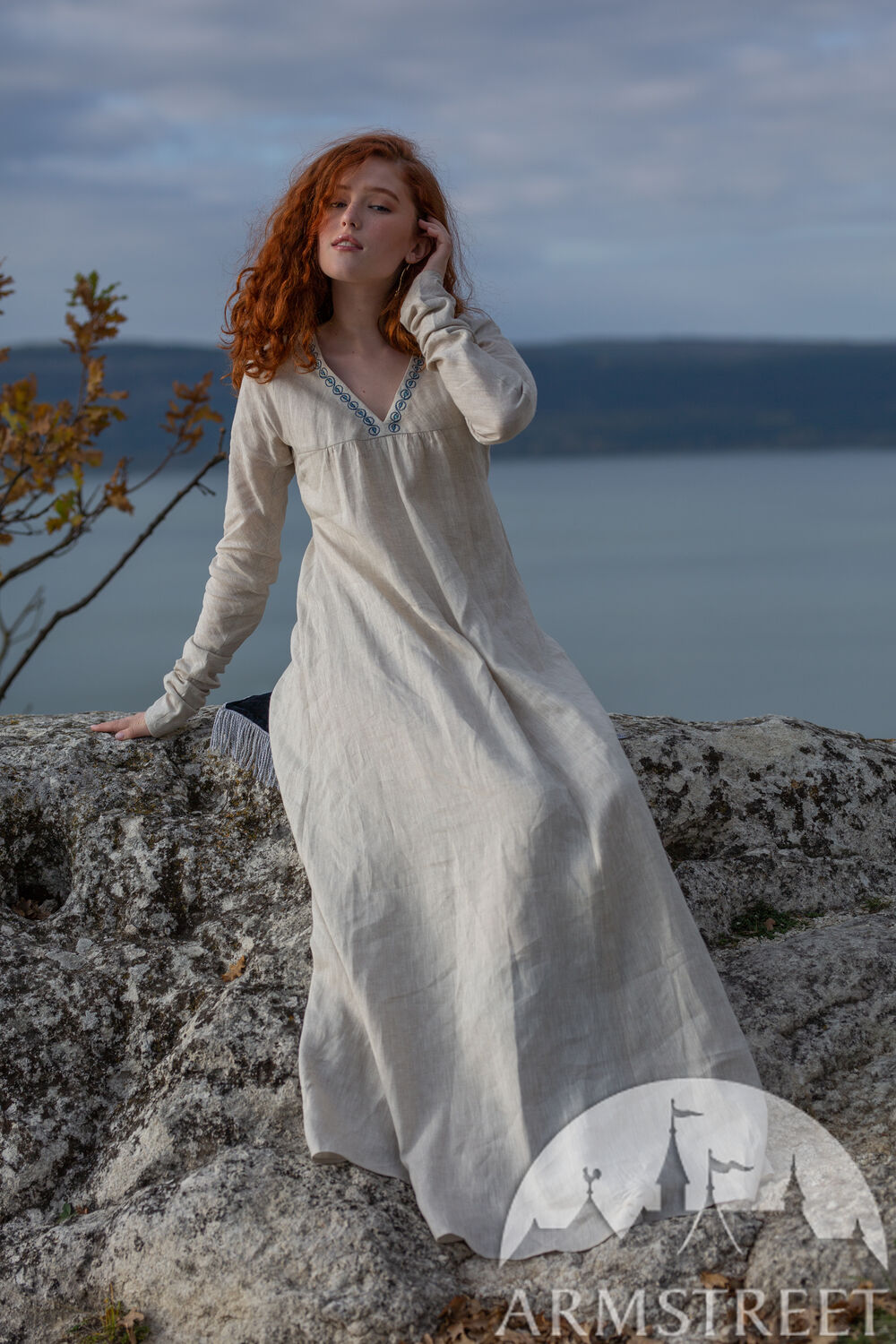 Flax linen undertunic with hand embroidery “Sea Born”