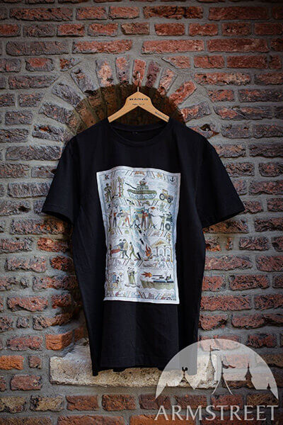 Black T-shirt "Tapestry of War" with linen print