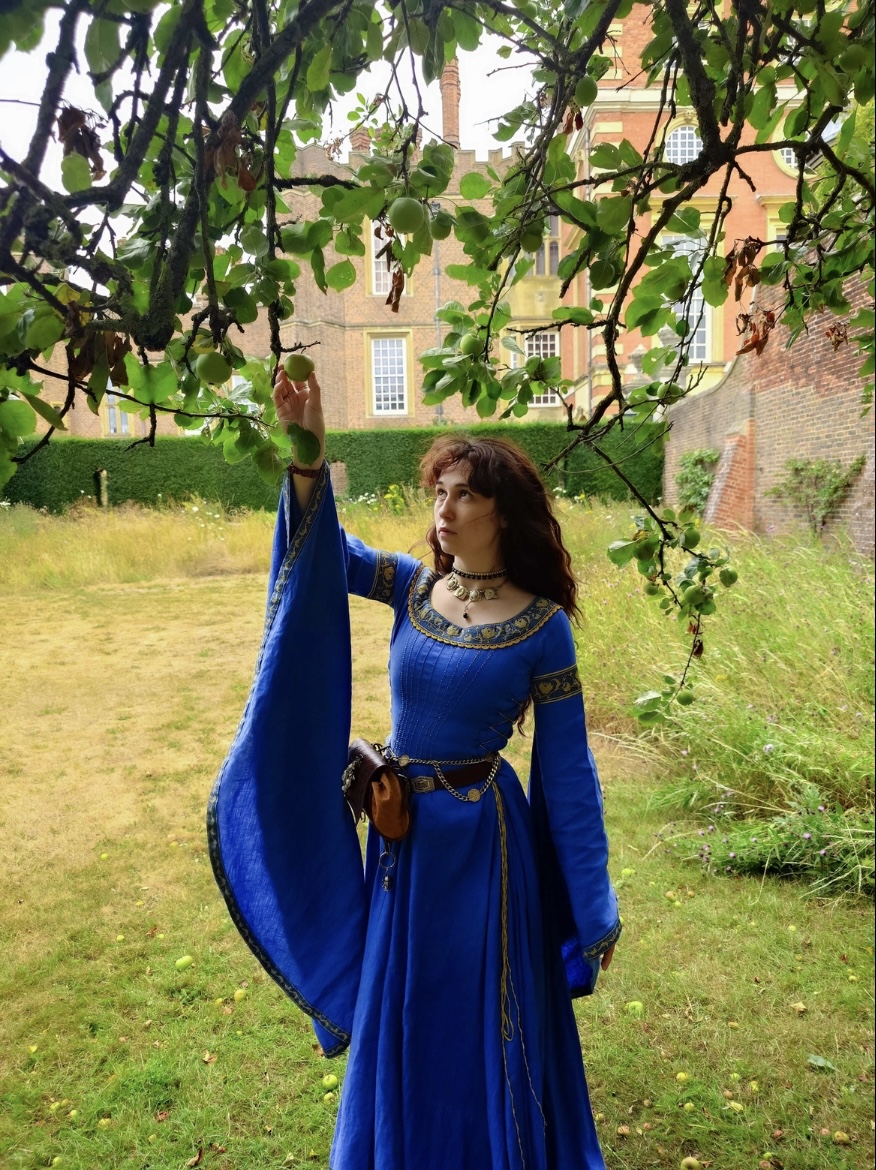 Blue medieval dress "Lady of the Lake". Available in: green flax linen,  blue flax linen, navy blue flax linen, violet flax linen, black flax linen,  white flax linen, wide blue pomegranate trim ,